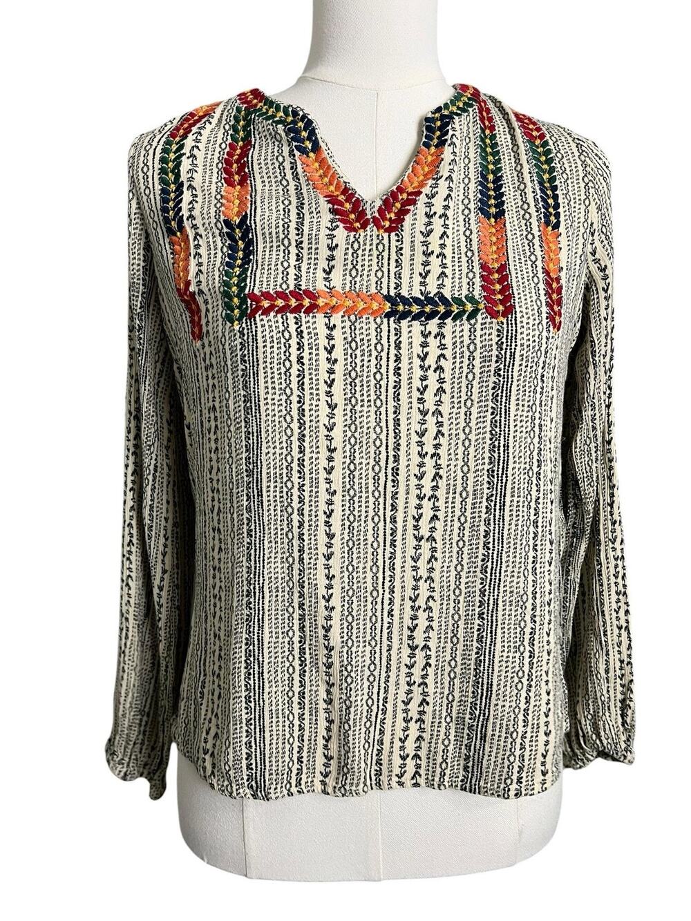 Savanna Jane Tunic Blouse Womens Medium Multicolor Stripe Embroidered Boho Top